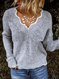 Damen SPITZEN V-AUSSCHNITT STRICKPULLOVER | ELEGANTER, KOMFORTABLER STIL – Grau