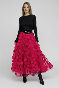 Eleganter Rock mit Polka Dot und Tüll-Patchwork - midi – Rot