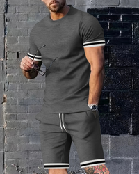 Herren Sport Set mit T-Shirt & Shorts | Zweiteiler mit Streifen für Sommer & Training – Dunkelgrau