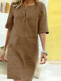 Heidi-Mode | Damen Kurzarm Baumwolle und Leinen Kleid – Braun