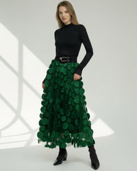 Eleganter Rock mit Polka Dot und Tüll-Patchwork - midi – Grün
