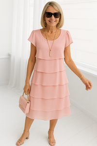 Damen Midi-Kleid mit kurzen Ärmeln in Schichten – Rosa