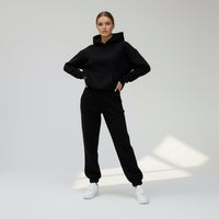 Oversized Loungewear Set für Damen mit Kapuzen Sweatshirt und Jogginghose – Schwarz