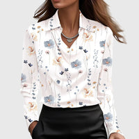Emma | Damen Langarm Top Wasserfallkragen Fließend Elegant Feminin – Weiß Floral