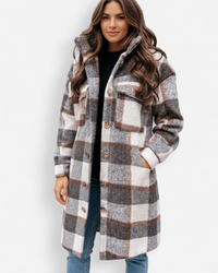 Langer Damen Wintermantel mit Karomuster – Grau