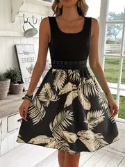 Aveline | Tropical Print Spitzen-Nähte Tank-Kleid – Schwarz + Braun
