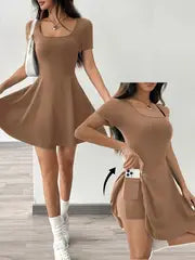 Esther -  Braunes gestricktes kurzes Freizeitkleid – Khaki