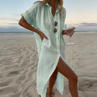 Strandkleid für Damen - Luftige Leinen-Optik Hemdblusenkleid für Sommer – Grün