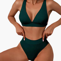 Geripptes Damen-Bikini-Set mit breiten Trägern für den Sommer – Dunkelgrün