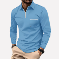 Herren Langarm-Polohemd mit Brusttasche – Hellblau