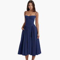 Midikleid Damen – Retro Corsagenkleid mit Trägern Sommer – Dunkelblau