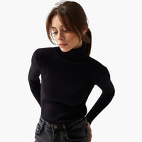 Damen Turtleneck Pullover mit gerippten Bündchen und Saum – Schwarz
