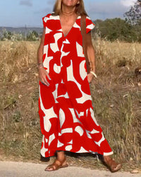 Miriam | Bedrucktes Maxikleid mit V-Ausschnitt – Rot