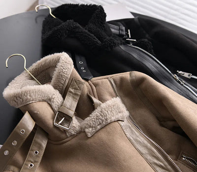 Geneviev | Bequemer Damen-Wintermantel aus Wildleder mit verstellbarem Gürtel und Fleece-Futter