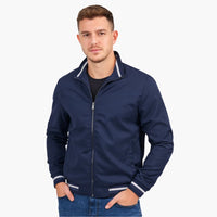 Herren Bomberjacke mit Reißverschluss und gestreiftem Saum – Blau