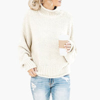 Damen pullover mit hohem Halsausschnitt und geripptem Saum – Beige