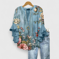 Viviane | Damen Top Blumenmuster Rüschenärmel Romantic Feminin Sommer – Blumen Blau