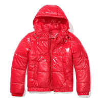Yazmin - Eine dicke, glänzende Damenjacke mit Kapuze – Rot