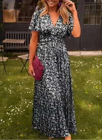 Lange Damenrobe | Buntes Blumenmuster | Tailliert & Fließender Schnitt Sommer – Schwarz