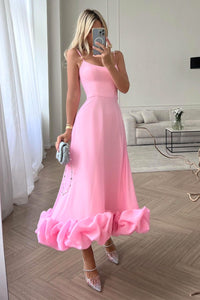Damen Rüschen Spaghettiträger Hochzeitsgast Kleid | Maxi – Rosa