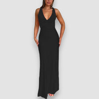 Zahara | Elegantes ärmelloses Abendkleid V-Ausschnitt – Schwarz