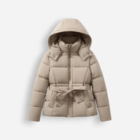 Damen Pufferjacke mit Gürtel und Kapuze – Beige