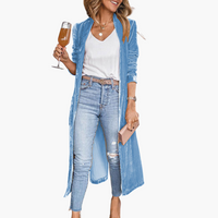 Damen Strickjacke lang mit offenem Vorderteil und langen Ärmeln – Blau