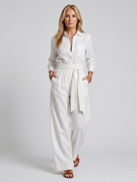 Jovie | Langärmliger Jumpsuit mit Knopfleiste und weitem Bein – Weiß
