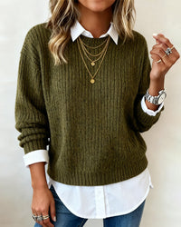 Sophie | Damen Pullover mit Kragen & Patchwork-Design – Grün