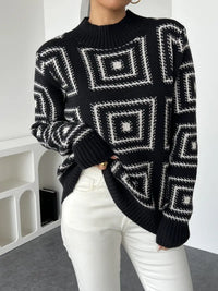 Clisona | Moderner Pullover mit geometrischem Muster und Rundhalsausschnitt – Schwarz