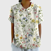 Elke | Damen Bluse Blumenkragen Kurzarm Romantic Feminin Sommer – Weiß mit Blumen