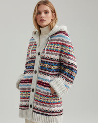 Damen Strickjacke mit Kapuze und Knöpfen - lang – Weiß
