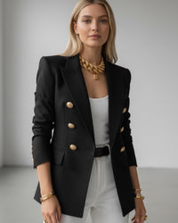 Taillierter eleganter Blazer für Damen mit goldenen Knöpfen – Schwarz