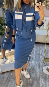 Feyra™ - Lässiges und Stilvolles Set mit Rundhalsausschnitt-Kleid und Jacke für Damen – Blau