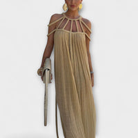 Brinaya – Maxikleid aus Leinenmischung mit geflochtenem Dekolleté – Khaki