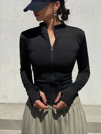 Einfarbiger Reißverschluss Front Slim Top – Schwarz