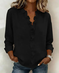 Aletta – Bluse Mit Rüschen, V-Ausschnitt Und Langen Ärmeln – Schwarz