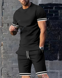 Herren Sport Set mit T-Shirt & Shorts | Zweiteiler mit Streifen für Sommer & Training – Schwarz