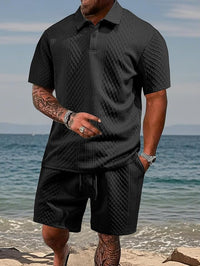 Niall - Strukturiertes Set aus Poloshirt und Shorts – Schwarz