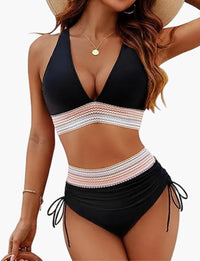 Damen Bikini Set mit Hoher Taille und Push-Up – Elegante Strandmode mit Bauchkontrolle – Schwarz