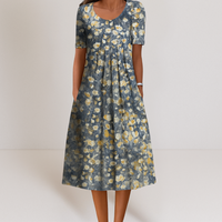 Annette™ | Elegantes bauchbedeckendes Kleid – Hellblaue Blumen