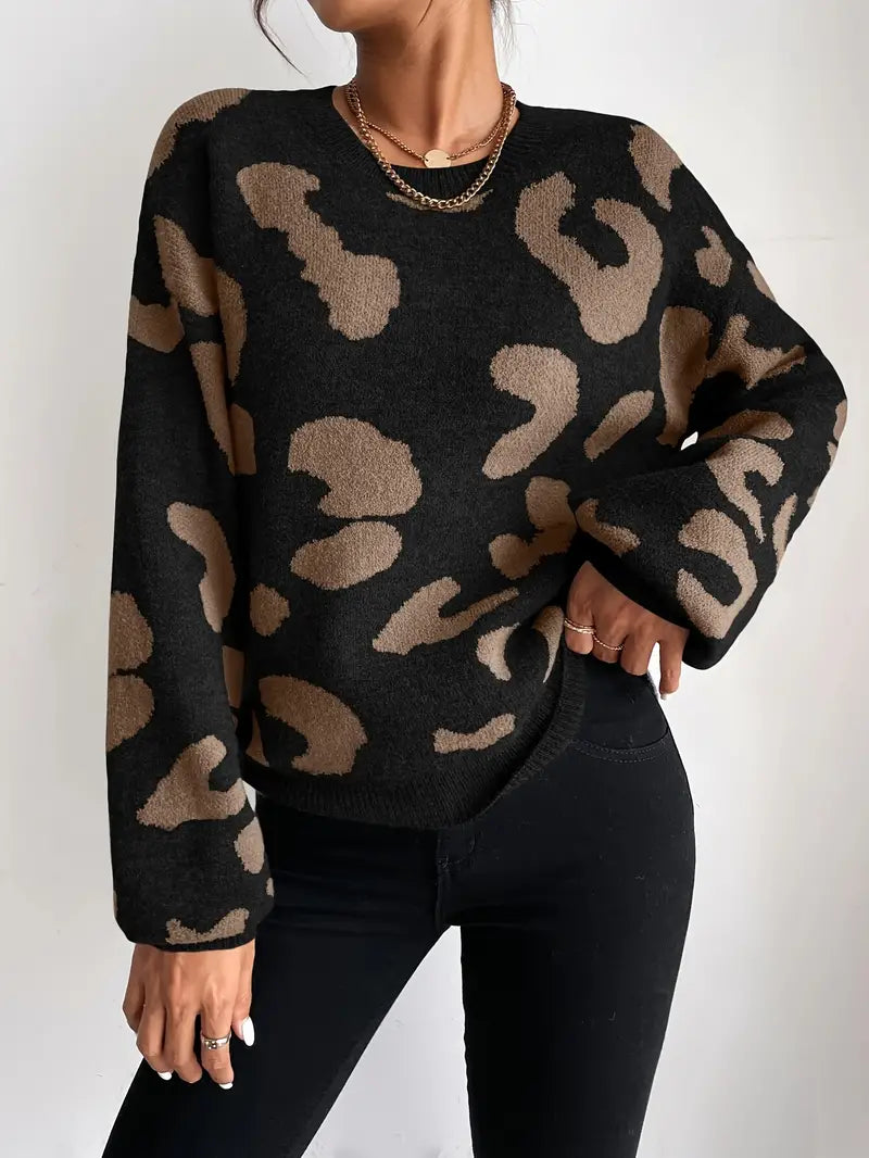 Cliala | Eleganter Pullover mit Rundhalsausschnitt und Geparden-Print und fließenden Glockenärmeln