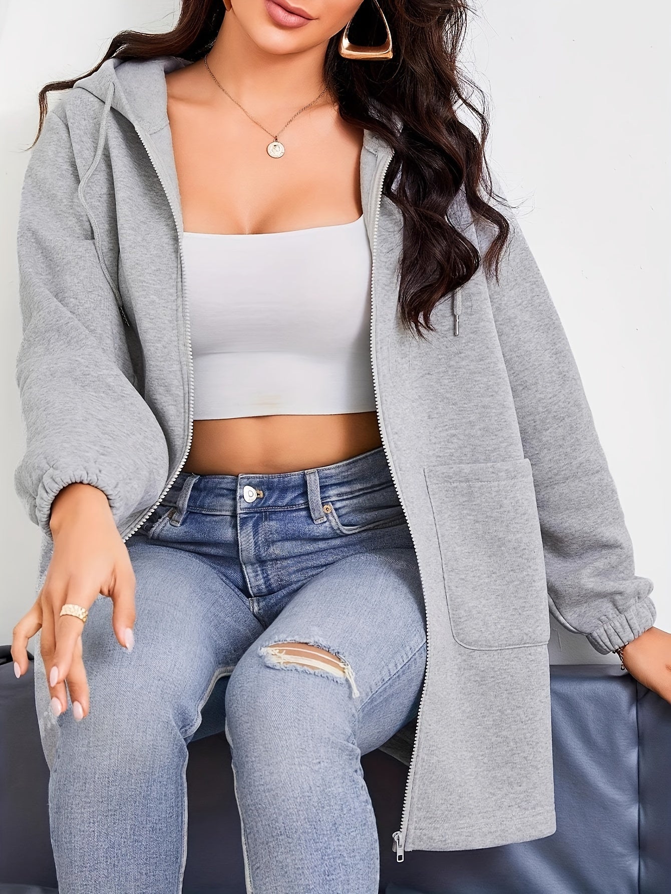 Leyora | Einfarbiger Kapuzenpullover mit Kordelzug und Taschen