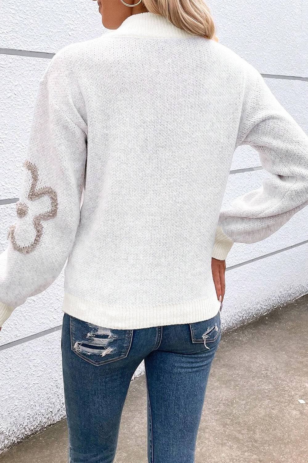 Arlette | Klassischer Damen-Pullover mit hohem Reißverschlusskragen und floralem Strickmuster