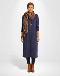 Langarmiges Winter Midi Strickkleid mit bedrucktem Muster – Blau