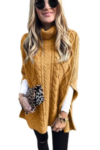 Heidi-Mode | Rollkragen Poncho mit Zopfmuster für Herbst – Camel