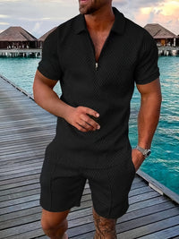 Zweiteiler für Herren - Stilvolles Set mit Poloshirt und Shorts für den Sommer – Schwarz