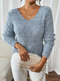 Aderah - Lockere Passform V-Ausschnitt Pullover – Blau