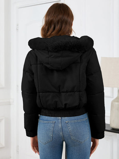 Zaviana | Damen wintermantel mit kapuze, taschen und langen ärmeln im cropped design