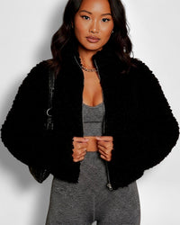 Teddy Bomberjacke für Damen – Schwarz